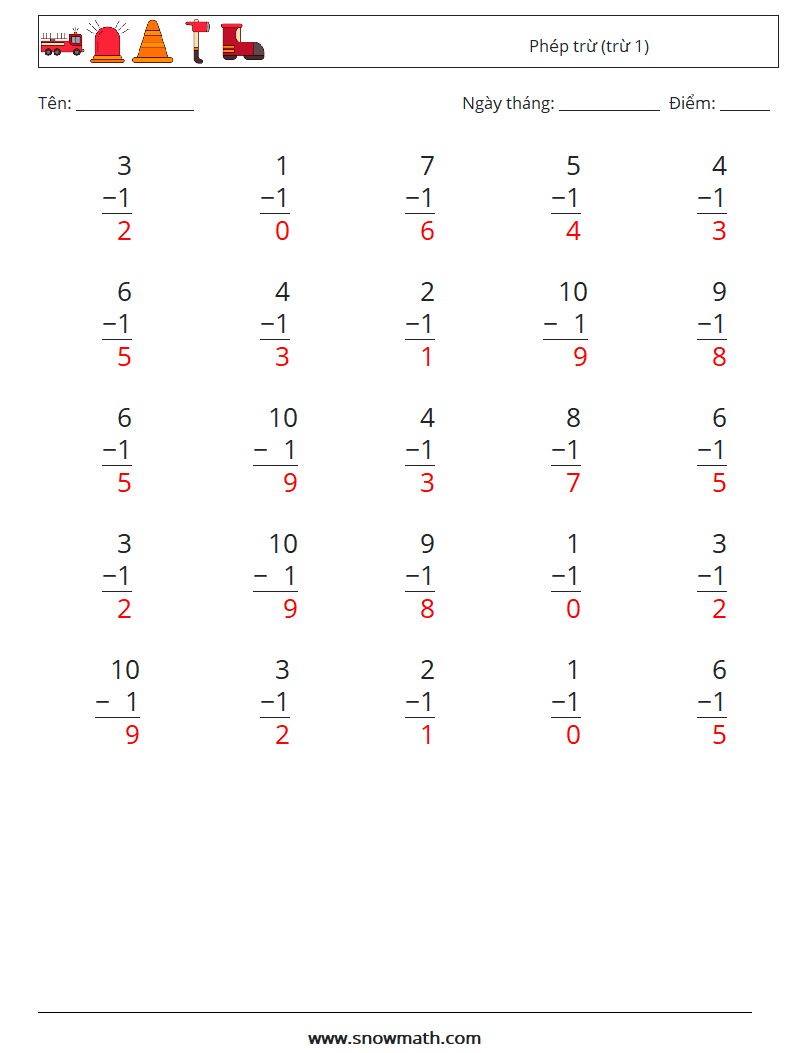 (25) Phép trừ (trừ 1) Bảng tính toán học 6 Câu hỏi, câu trả lời