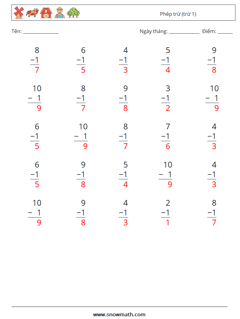 (25) Phép trừ (trừ 1) Bảng tính toán học 7 Câu hỏi, câu trả lời