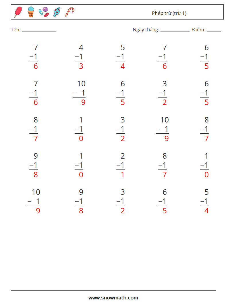 (25) Phép trừ (trừ 1) Bảng tính toán học 8 Câu hỏi, câu trả lời