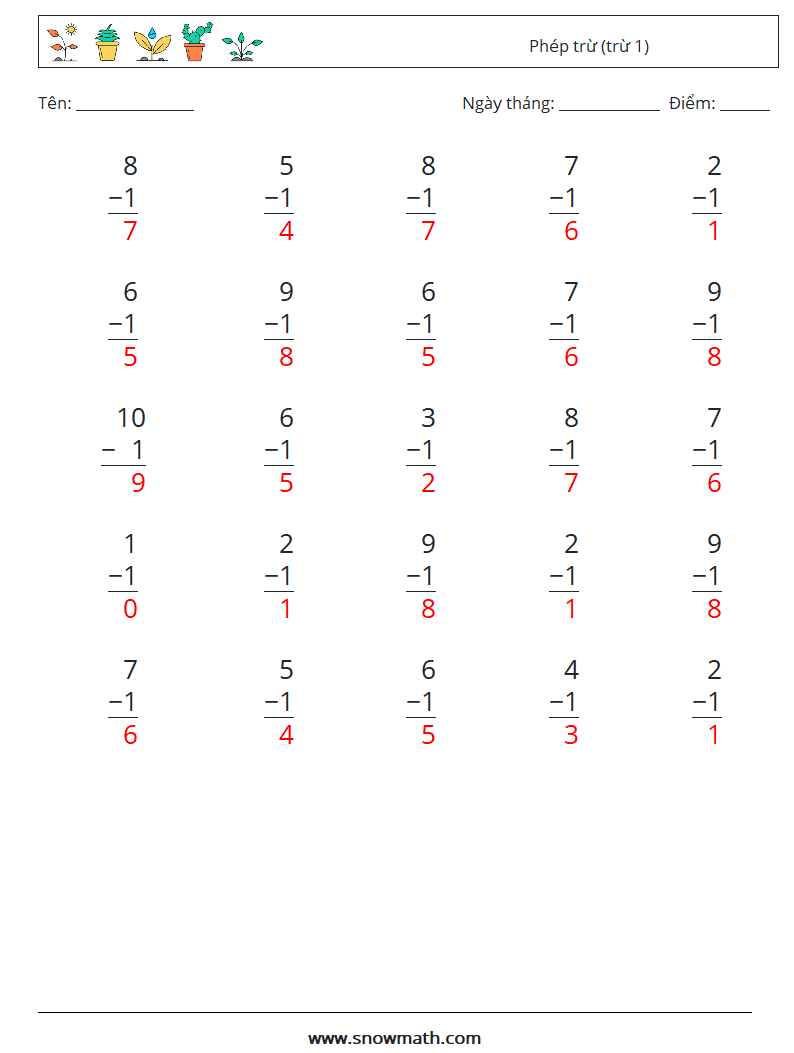 (25) Phép trừ (trừ 1) Bảng tính toán học 9 Câu hỏi, câu trả lời