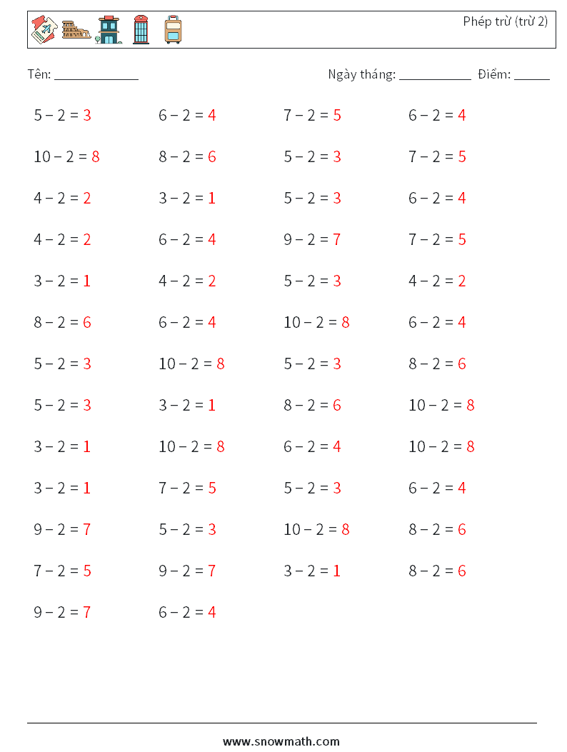 (50) Phép trừ (trừ 2) Bảng tính toán học 1 Câu hỏi, câu trả lời