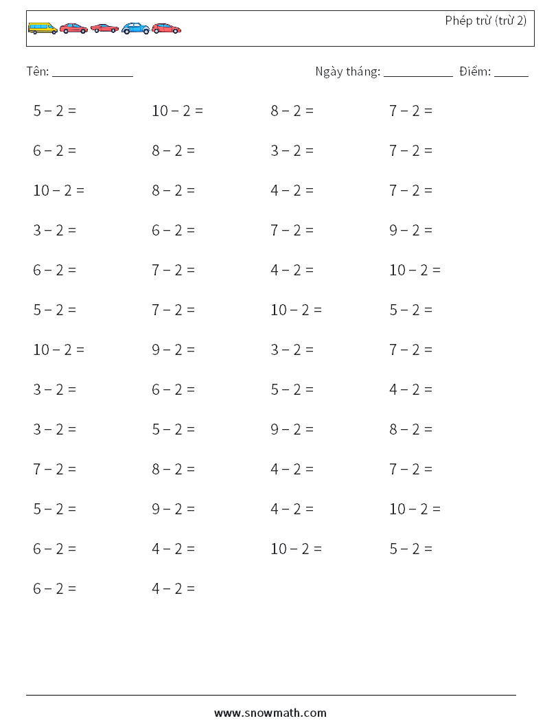 (50) Phép trừ (trừ 2) Bảng tính toán học 2
