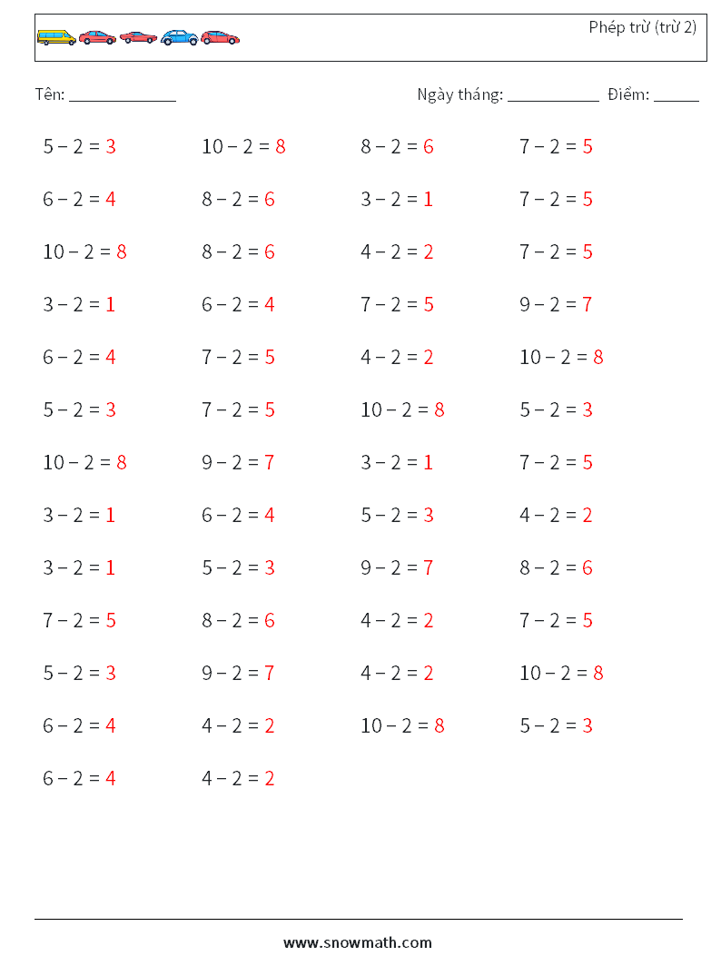 (50) Phép trừ (trừ 2) Bảng tính toán học 2 Câu hỏi, câu trả lời