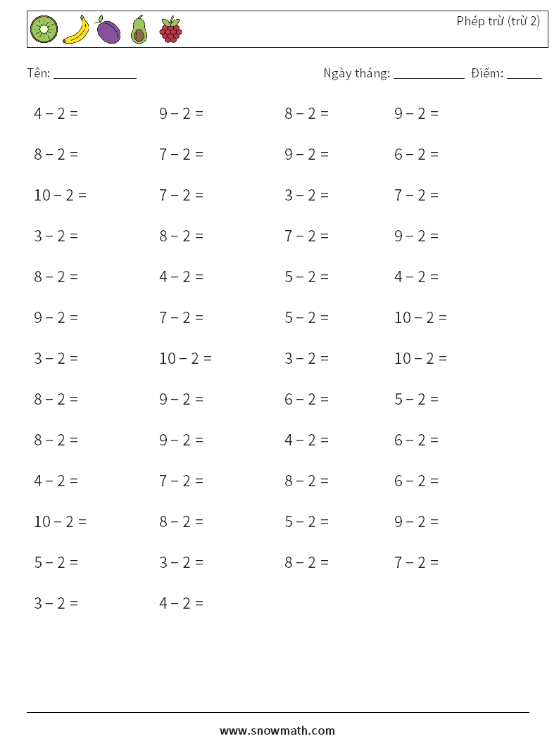 (50) Phép trừ (trừ 2) Bảng tính toán học 3