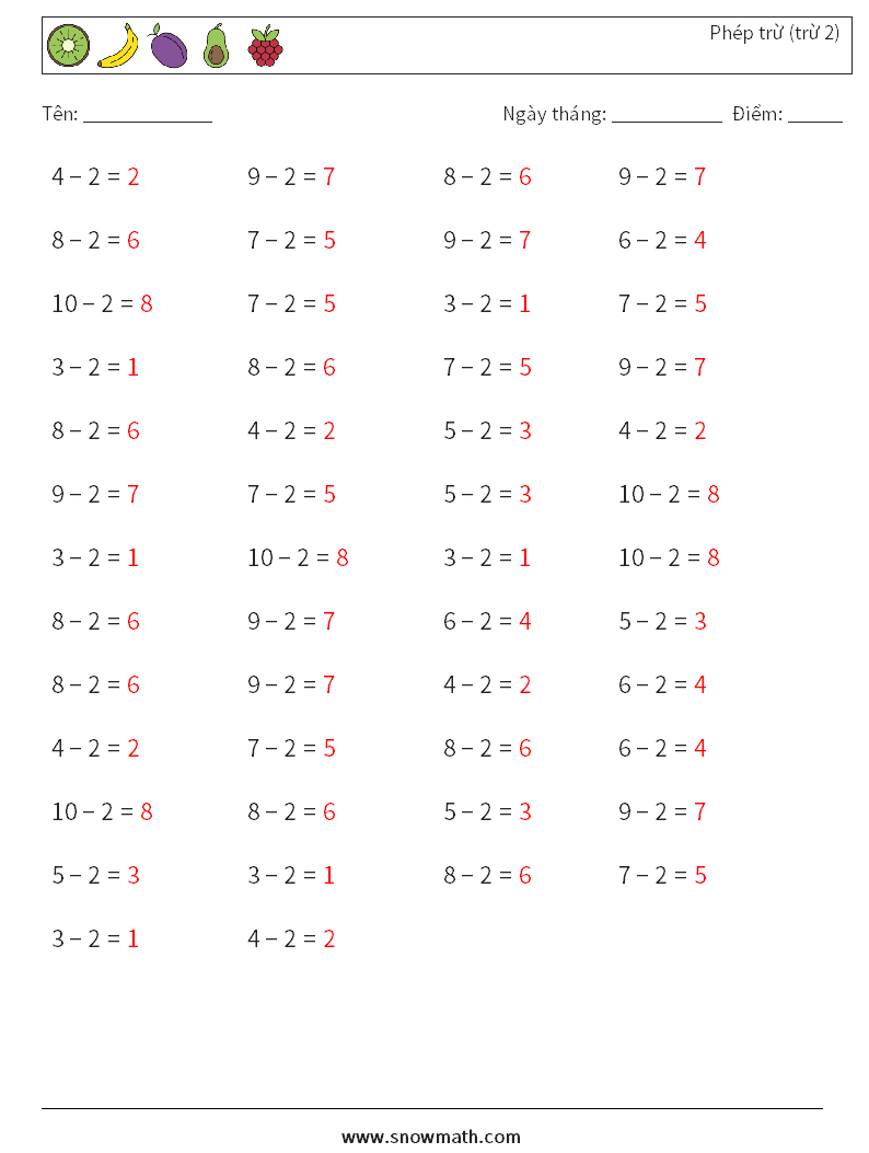 (50) Phép trừ (trừ 2) Bảng tính toán học 3 Câu hỏi, câu trả lời