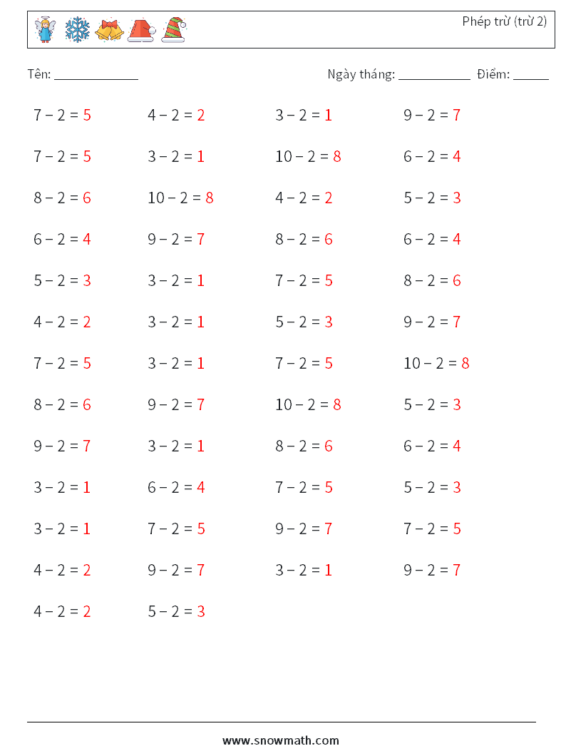 (50) Phép trừ (trừ 2) Bảng tính toán học 4 Câu hỏi, câu trả lời