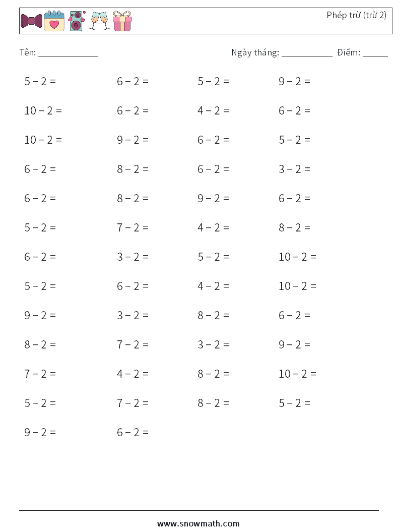(50) Phép trừ (trừ 2) Bảng tính toán học 5