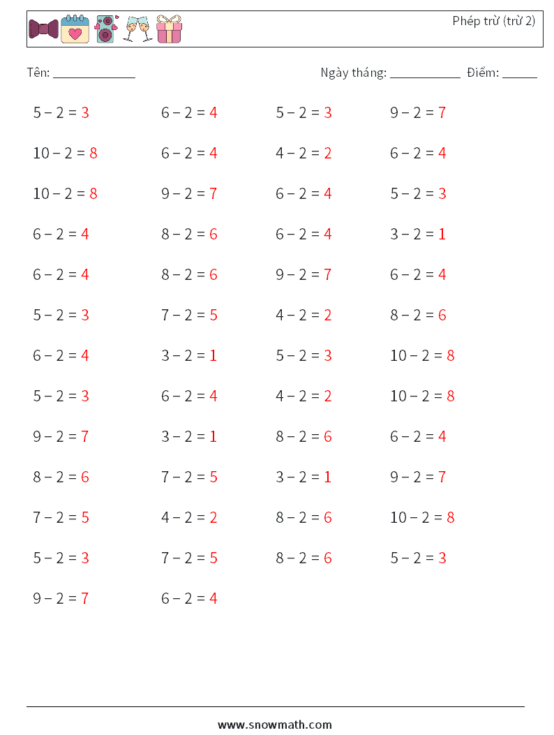(50) Phép trừ (trừ 2) Bảng tính toán học 5 Câu hỏi, câu trả lời