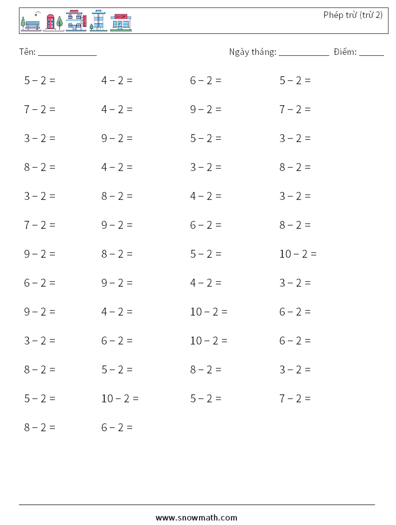 (50) Phép trừ (trừ 2) Bảng tính toán học 6
