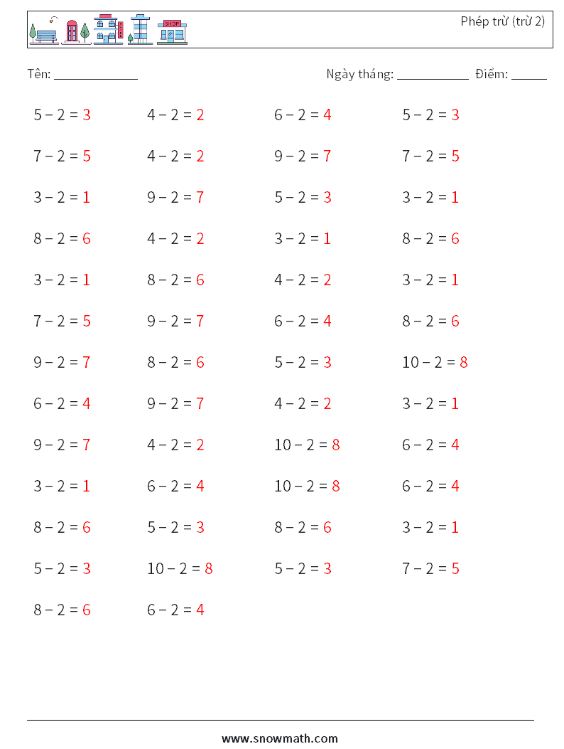 (50) Phép trừ (trừ 2) Bảng tính toán học 6 Câu hỏi, câu trả lời