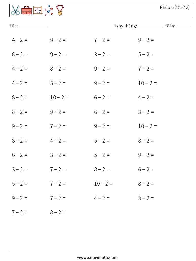 (50) Phép trừ (trừ 2) Bảng tính toán học 7