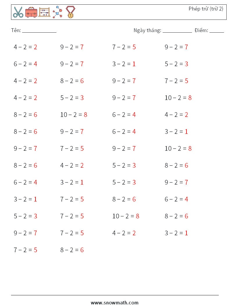 (50) Phép trừ (trừ 2) Bảng tính toán học 7 Câu hỏi, câu trả lời