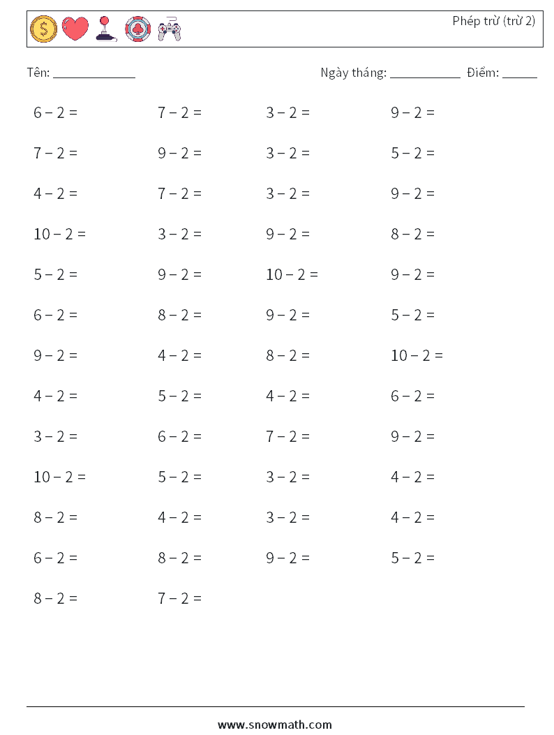 (50) Phép trừ (trừ 2) Bảng tính toán học 8