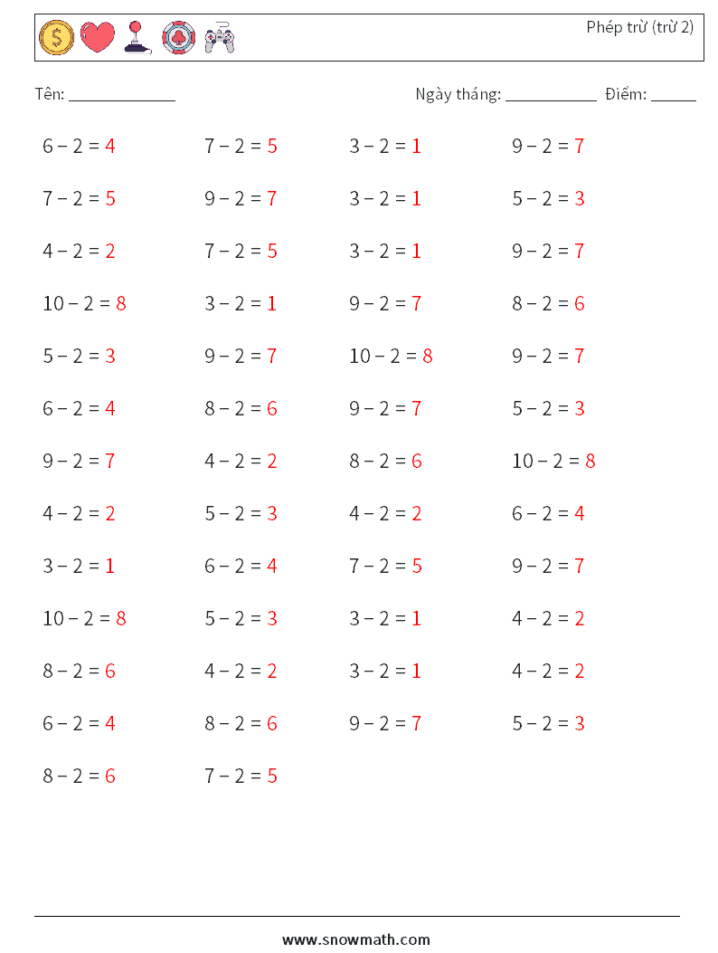 (50) Phép trừ (trừ 2) Bảng tính toán học 8 Câu hỏi, câu trả lời