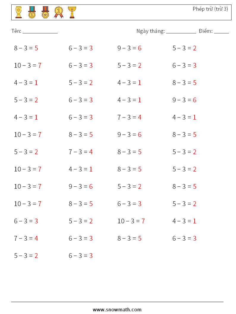 (50) Phép trừ (trừ 3) Bảng tính toán học 1 Câu hỏi, câu trả lời