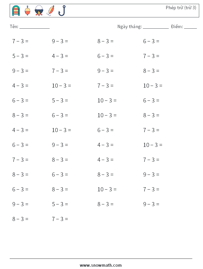 (50) Phép trừ (trừ 3) Bảng tính toán học 2