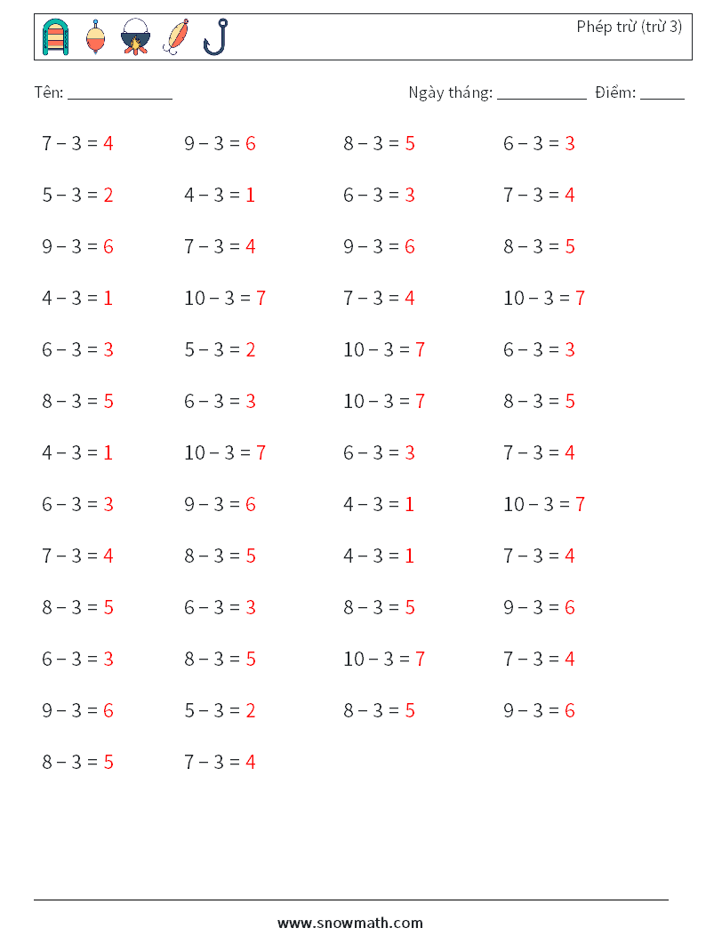 (50) Phép trừ (trừ 3) Bảng tính toán học 2 Câu hỏi, câu trả lời