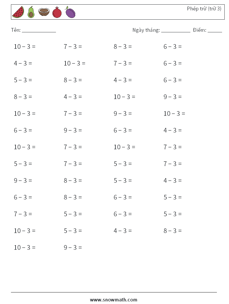 (50) Phép trừ (trừ 3) Bảng tính toán học 3
