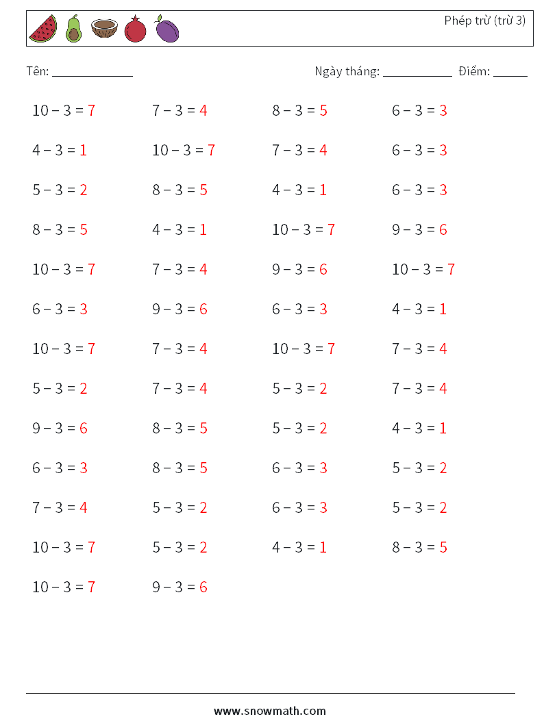 (50) Phép trừ (trừ 3) Bảng tính toán học 3 Câu hỏi, câu trả lời