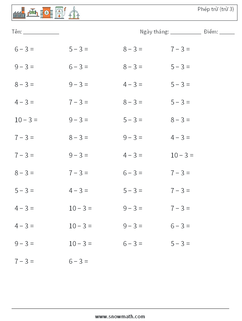 (50) Phép trừ (trừ 3) Bảng tính toán học 4