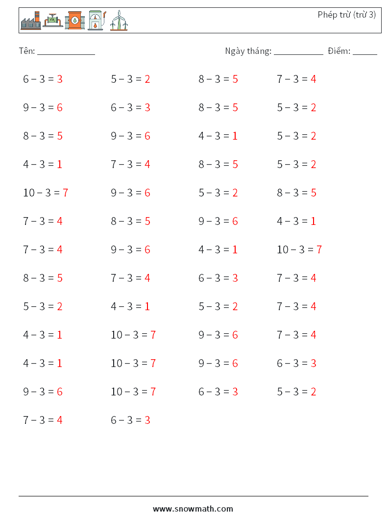 (50) Phép trừ (trừ 3) Bảng tính toán học 4 Câu hỏi, câu trả lời