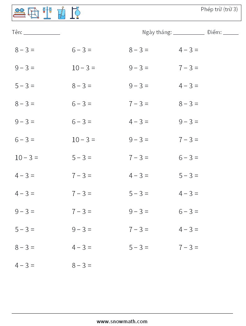 (50) Phép trừ (trừ 3) Bảng tính toán học 5