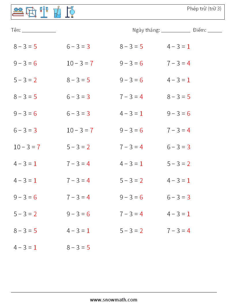 (50) Phép trừ (trừ 3) Bảng tính toán học 5 Câu hỏi, câu trả lời