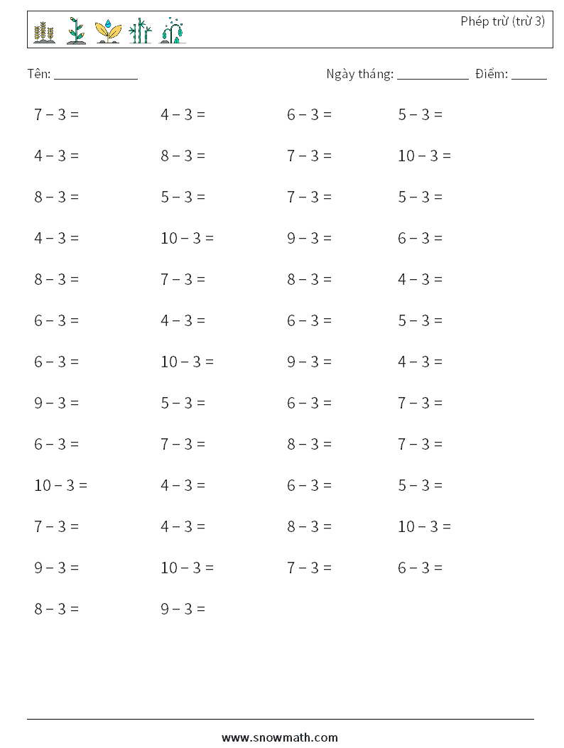 (50) Phép trừ (trừ 3) Bảng tính toán học 6
