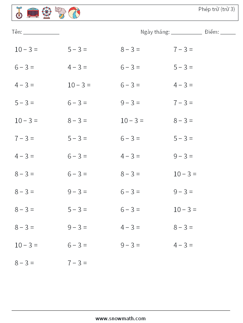 (50) Phép trừ (trừ 3) Bảng tính toán học 7