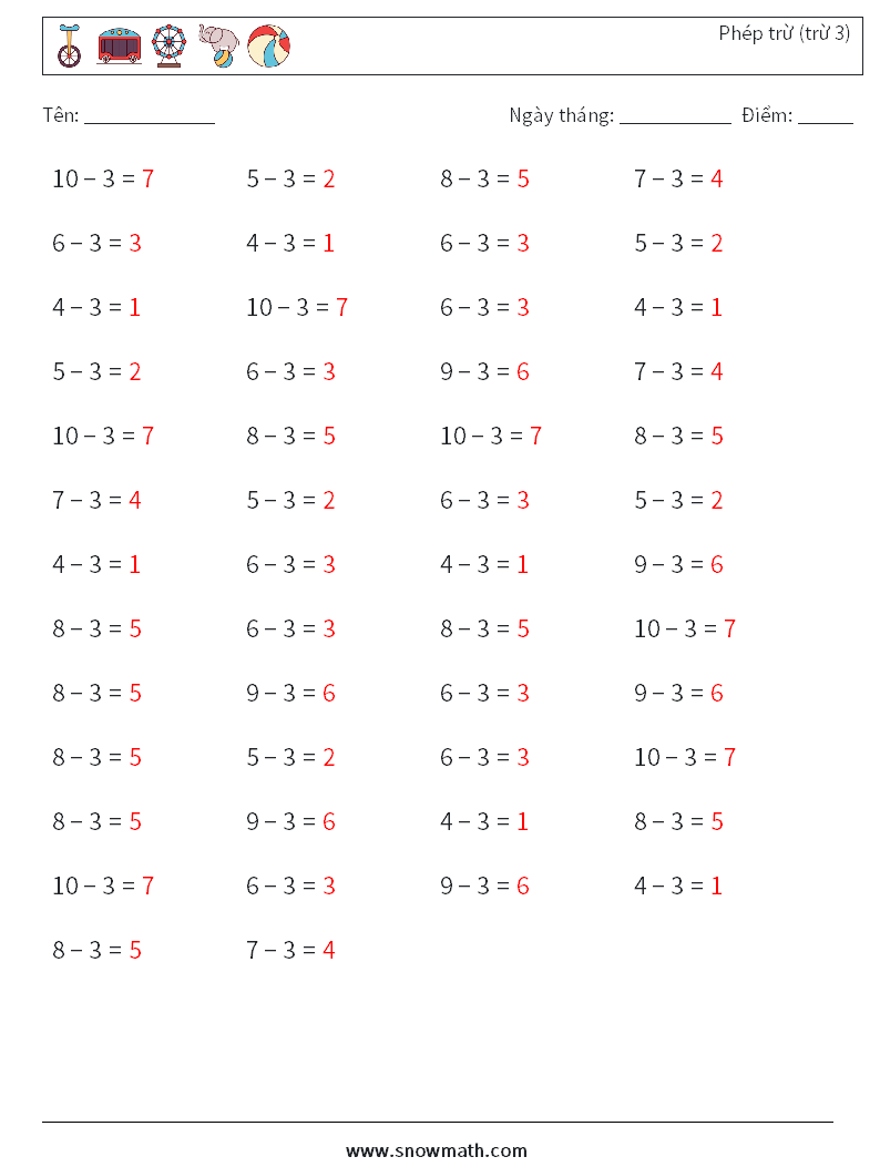 (50) Phép trừ (trừ 3) Bảng tính toán học 7 Câu hỏi, câu trả lời