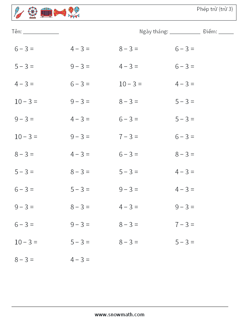 (50) Phép trừ (trừ 3) Bảng tính toán học 8