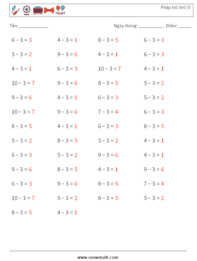 (50) Phép trừ (trừ 3) Bảng tính toán học 8 Câu hỏi, câu trả lời