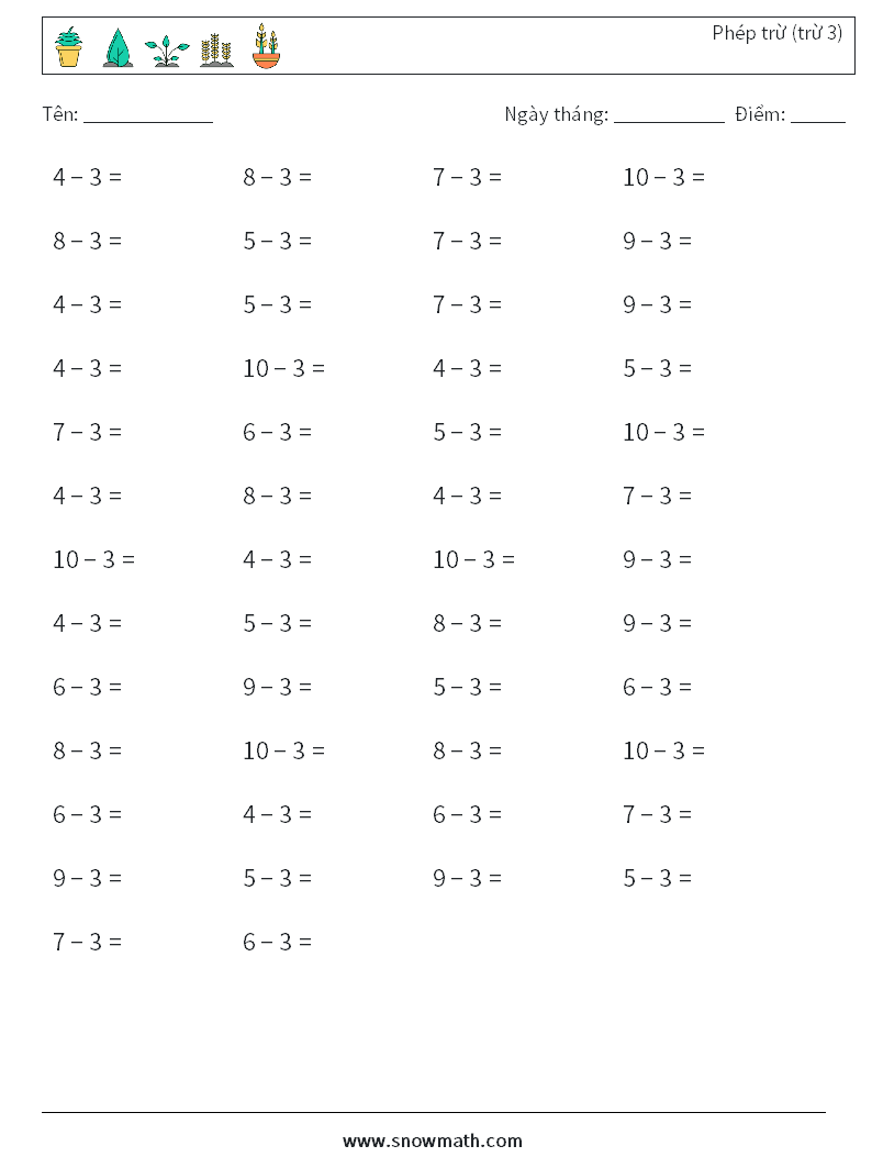 (50) Phép trừ (trừ 3) Bảng tính toán học 9