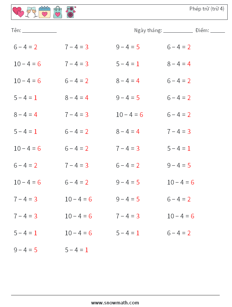 (50) Phép trừ (trừ 4) Bảng tính toán học 1 Câu hỏi, câu trả lời