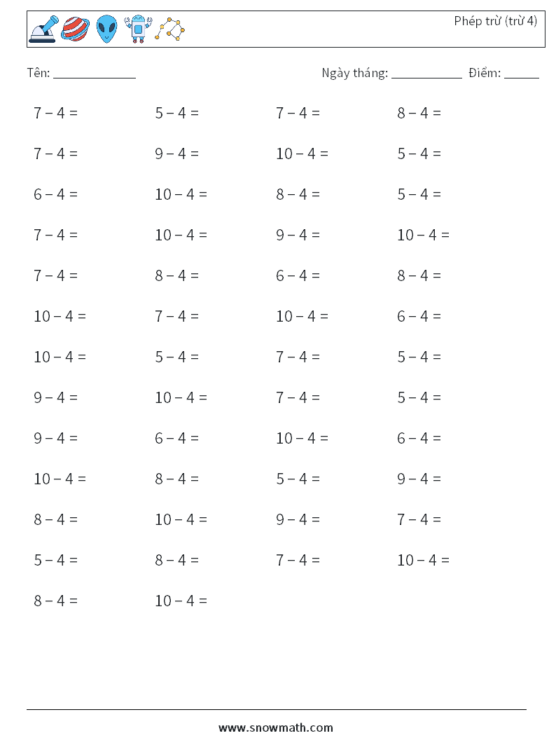 (50) Phép trừ (trừ 4) Bảng tính toán học 2