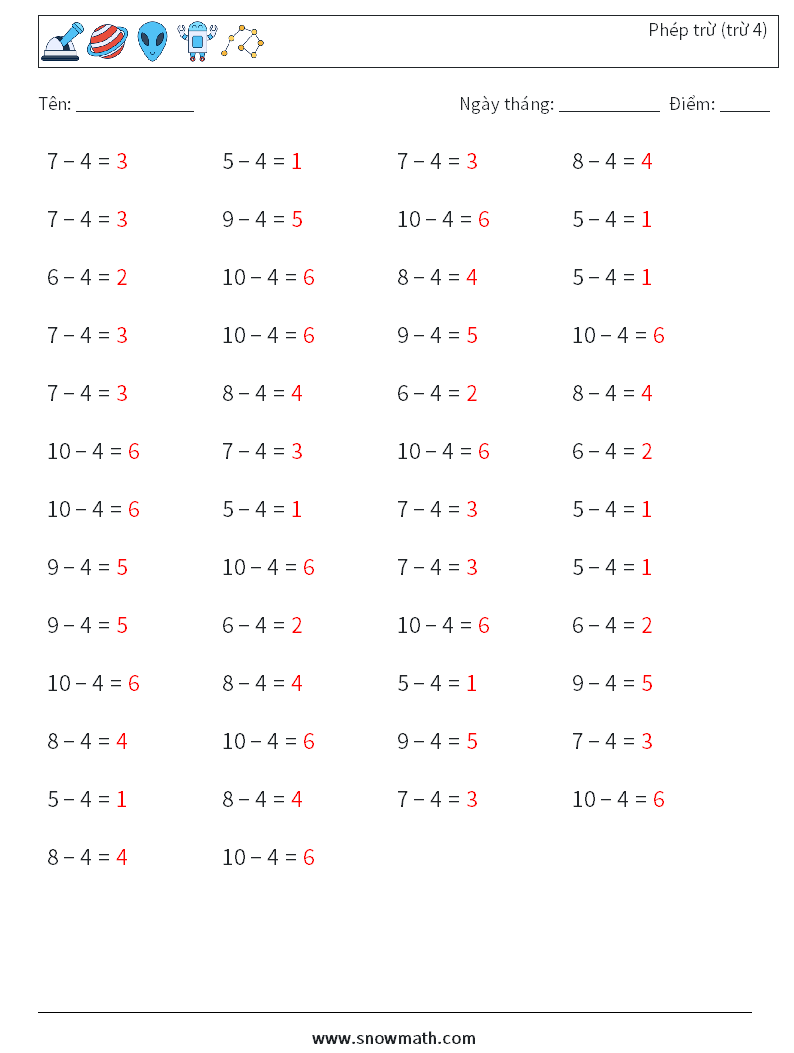(50) Phép trừ (trừ 4) Bảng tính toán học 2 Câu hỏi, câu trả lời
