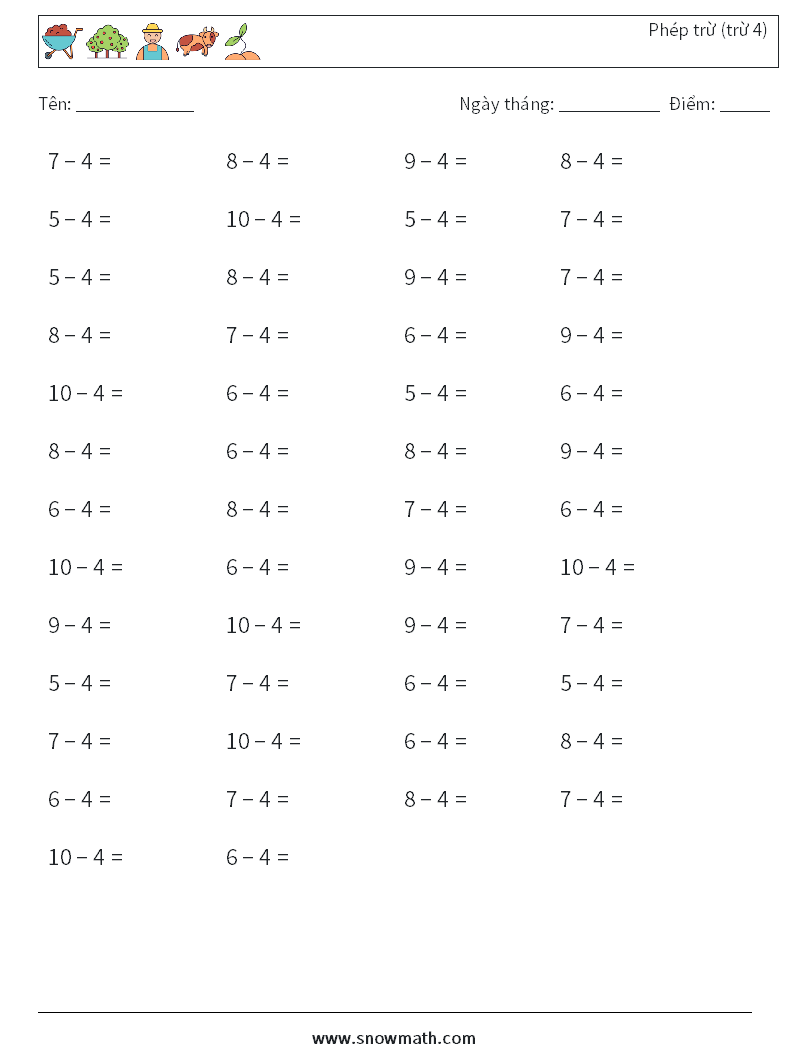 (50) Phép trừ (trừ 4) Bảng tính toán học 3