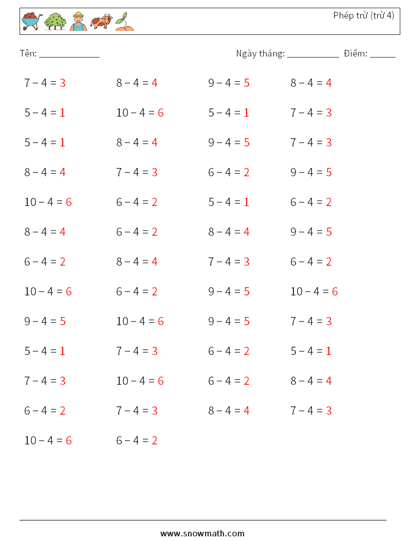 (50) Phép trừ (trừ 4) Bảng tính toán học 3 Câu hỏi, câu trả lời