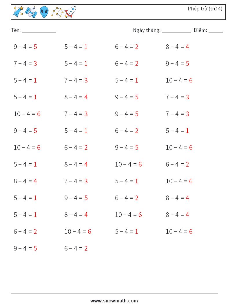 (50) Phép trừ (trừ 4) Bảng tính toán học 4 Câu hỏi, câu trả lời