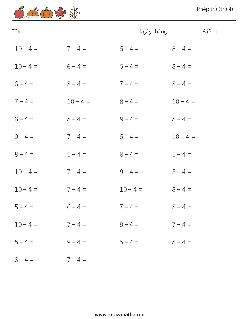 (50) Phép trừ (trừ 4) Bảng tính toán học 5
