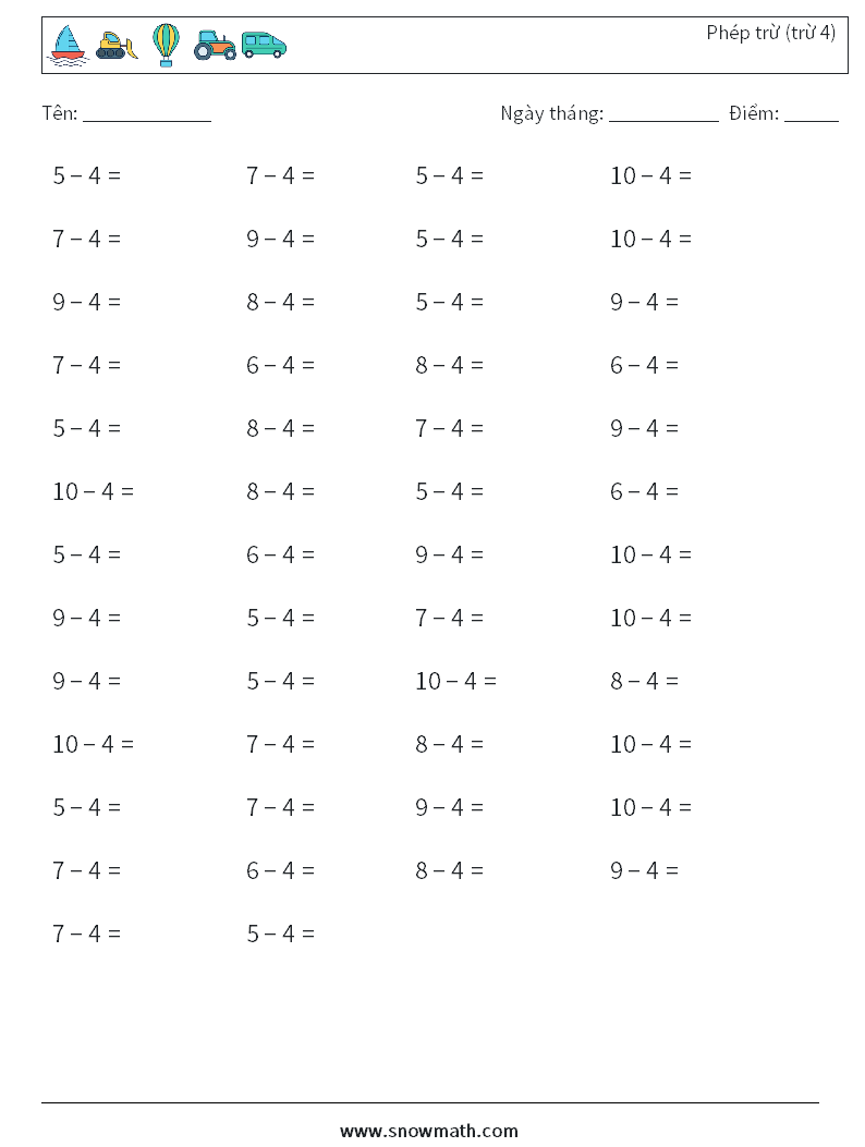 (50) Phép trừ (trừ 4) Bảng tính toán học 6