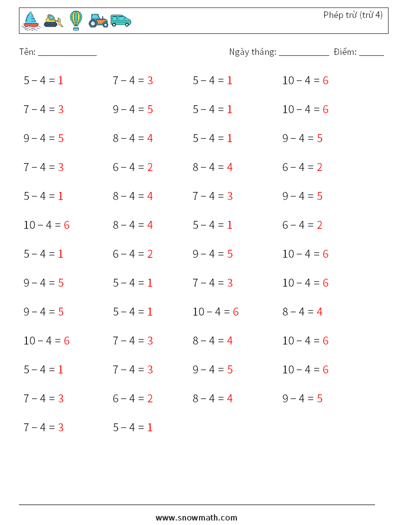 (50) Phép trừ (trừ 4) Bảng tính toán học 6 Câu hỏi, câu trả lời