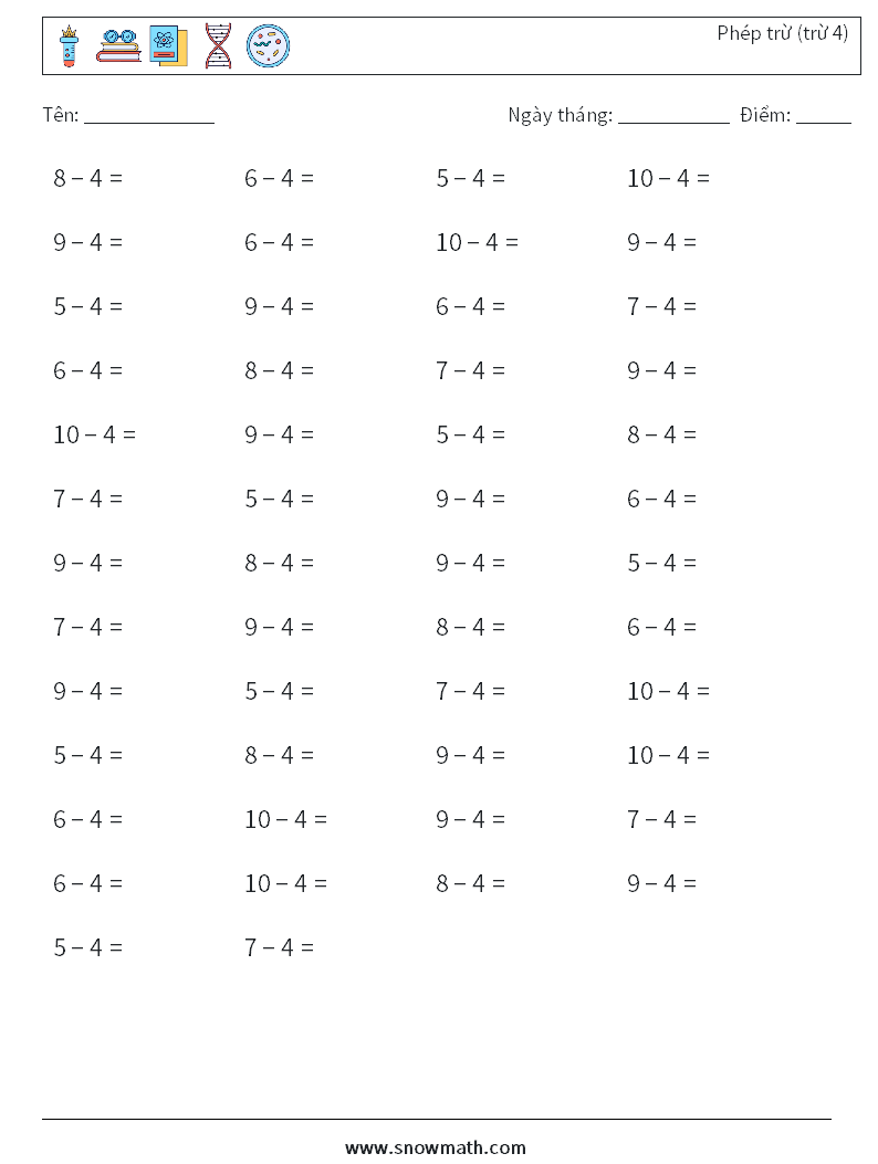 (50) Phép trừ (trừ 4) Bảng tính toán học 7