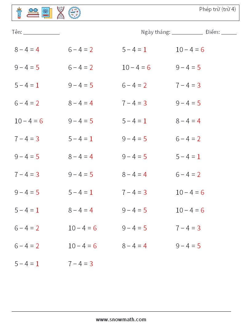 (50) Phép trừ (trừ 4) Bảng tính toán học 7 Câu hỏi, câu trả lời