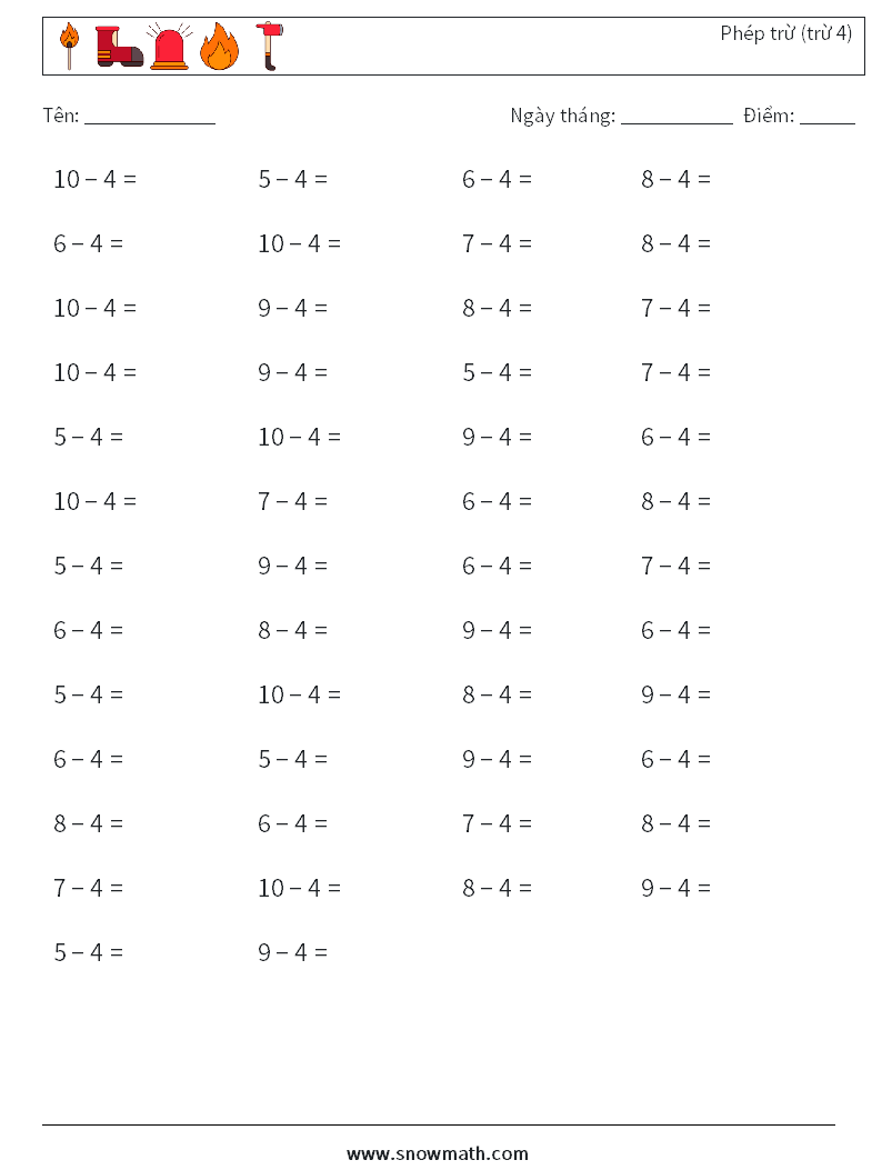 (50) Phép trừ (trừ 4) Bảng tính toán học 8