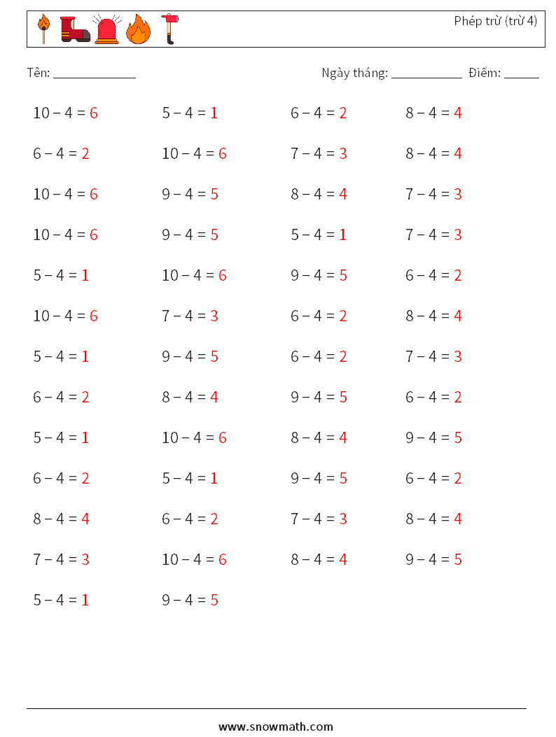 (50) Phép trừ (trừ 4) Bảng tính toán học 8 Câu hỏi, câu trả lời