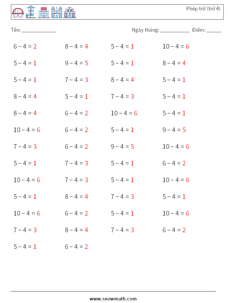 (50) Phép trừ (trừ 4) Bảng tính toán học 9 Câu hỏi, câu trả lời