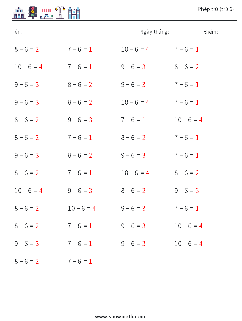 (50) Phép trừ (trừ 6) Bảng tính toán học 1 Câu hỏi, câu trả lời