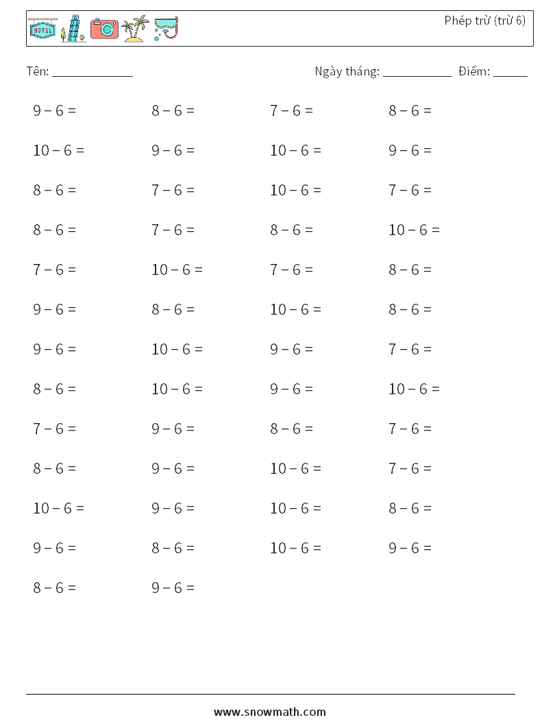 (50) Phép trừ (trừ 6) Bảng tính toán học 2