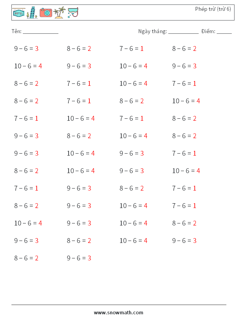 (50) Phép trừ (trừ 6) Bảng tính toán học 2 Câu hỏi, câu trả lời